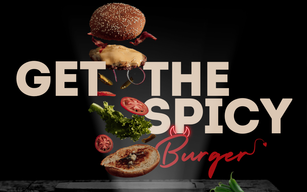 Vegan Spicy Burger advertisement with glowing horns on the typography around a burger falling into place one layer at a time