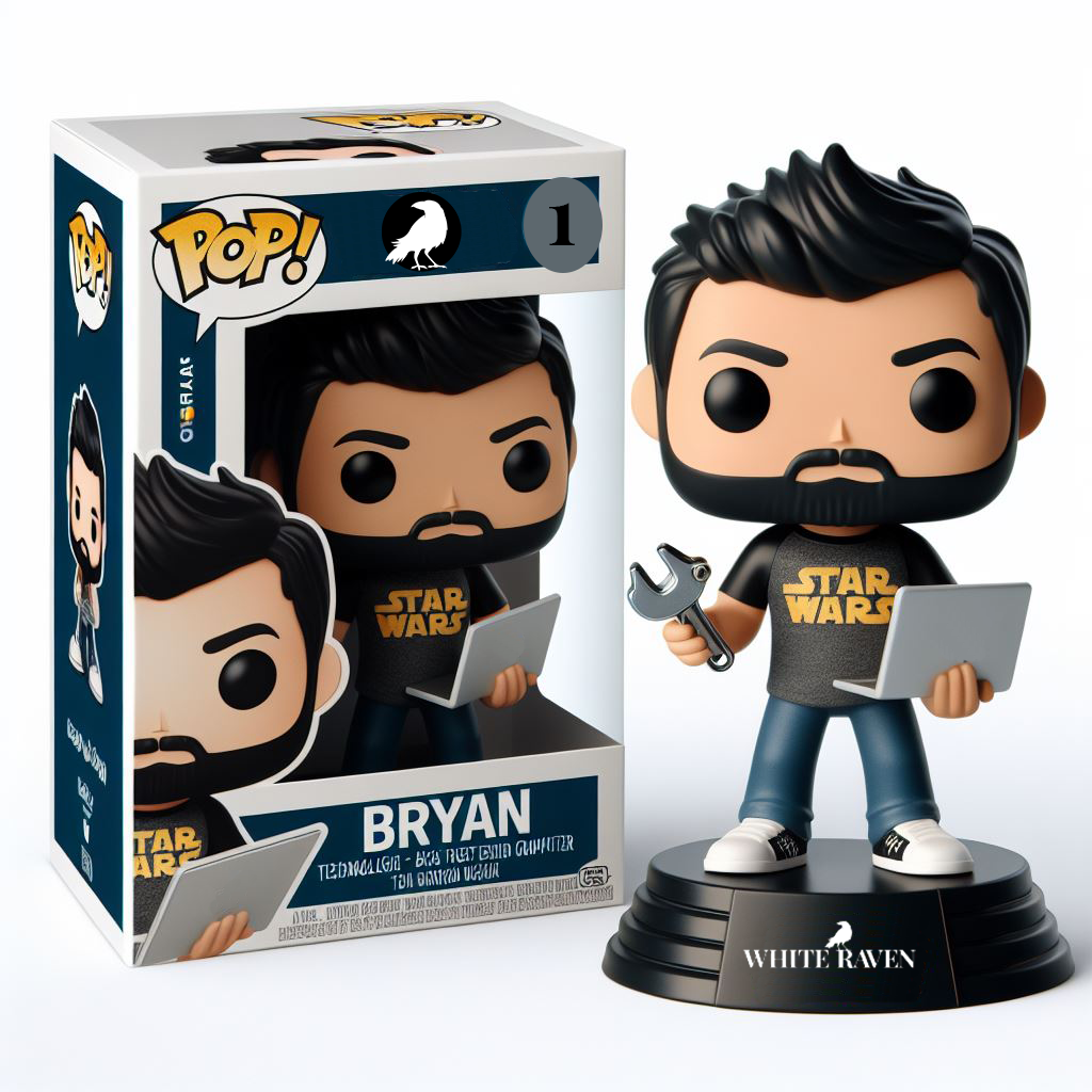 A Pop! Vinyl designed to represent White Raven Creatives partner Bryan Ossa. He's standing on a stand with the White Raven logo and he hold an open laptop in one hand and a wrench in the other. He's wearing a Star Wars t-shirt. 