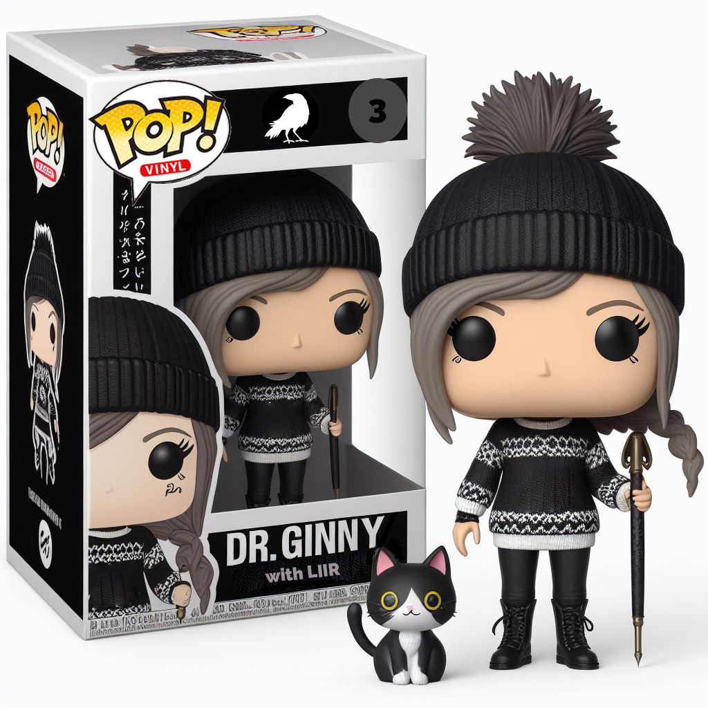 A Pop! Vinyl designed to represent White Raven Creatives partner Dr. Ginny Grimsley. She's shown with her cat Liir and she carries a massive fountain pen the size of a cane. 