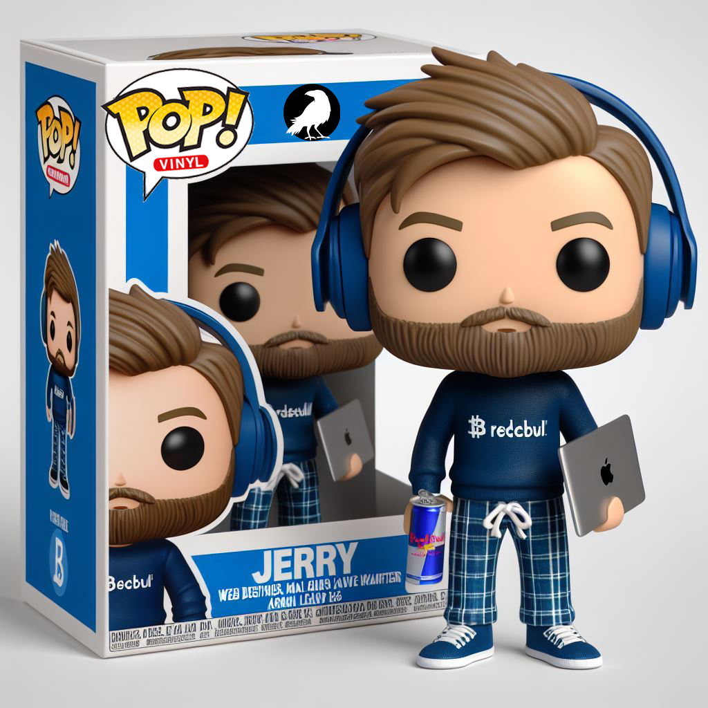 A Pop! Vinyl designed after White Raven Creatives partner Jerry Dinsmore. He's wearing pajama pants, and he's holding a Red Bull in one hand and a laptop in the other. 