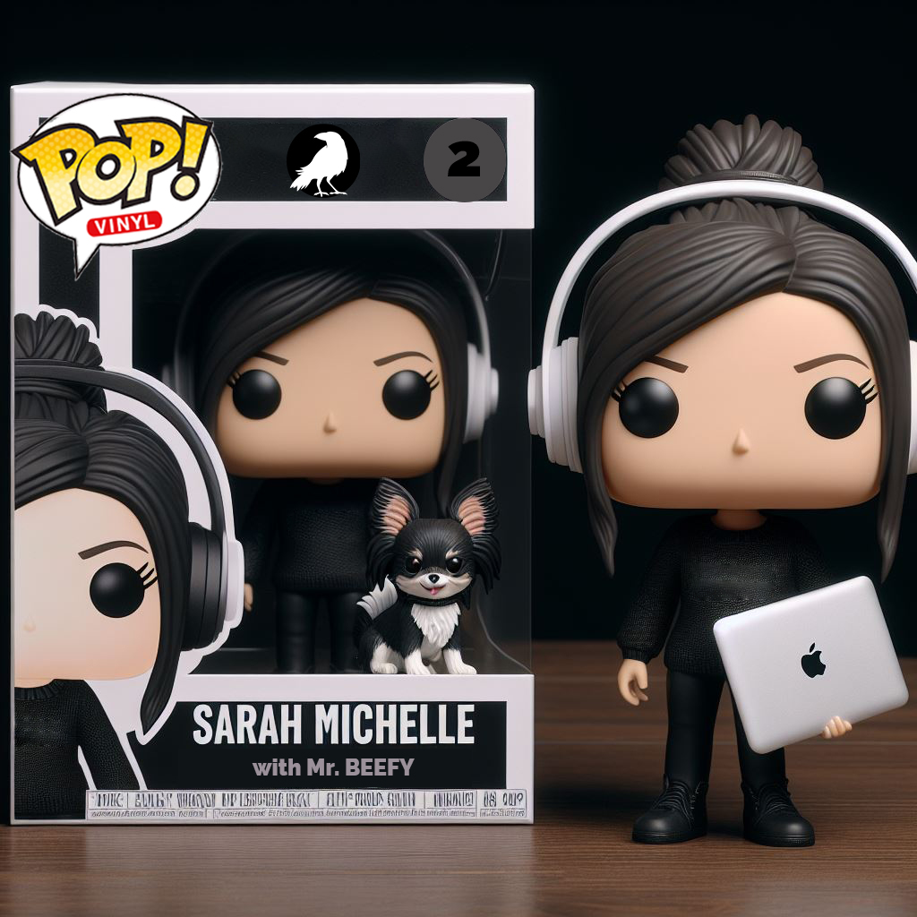 A Pop! Vinyl designed to represent White Raven Creatives partner Sarah Michelle Dinsmore. She's with her chihuahua Beefy and holds a laptop in one hand.