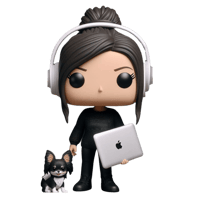  A Pop! Vinyl design created to represent White Raven Creatives Creative Partner Sarah Michelle Dinsmore wearing a headset, holding a laptop computer & standing with her dog, Beefy. 