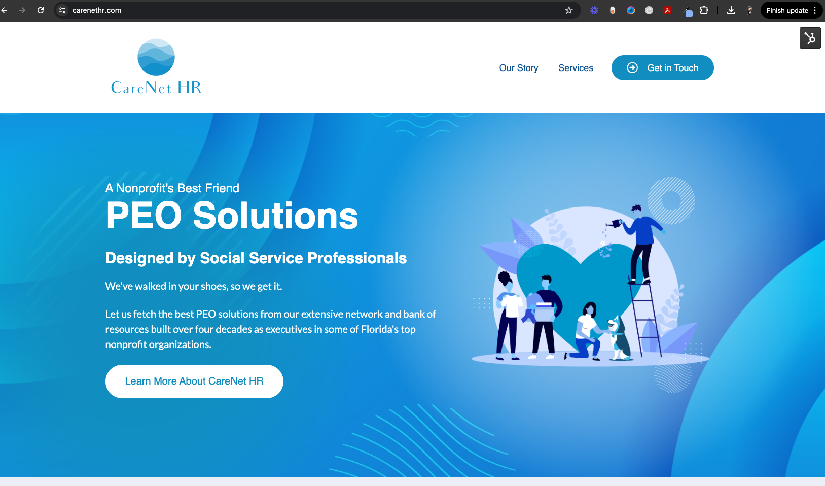 Home page website design for CareNet HR with custom monochromic blue nonprofit staff interacting with 