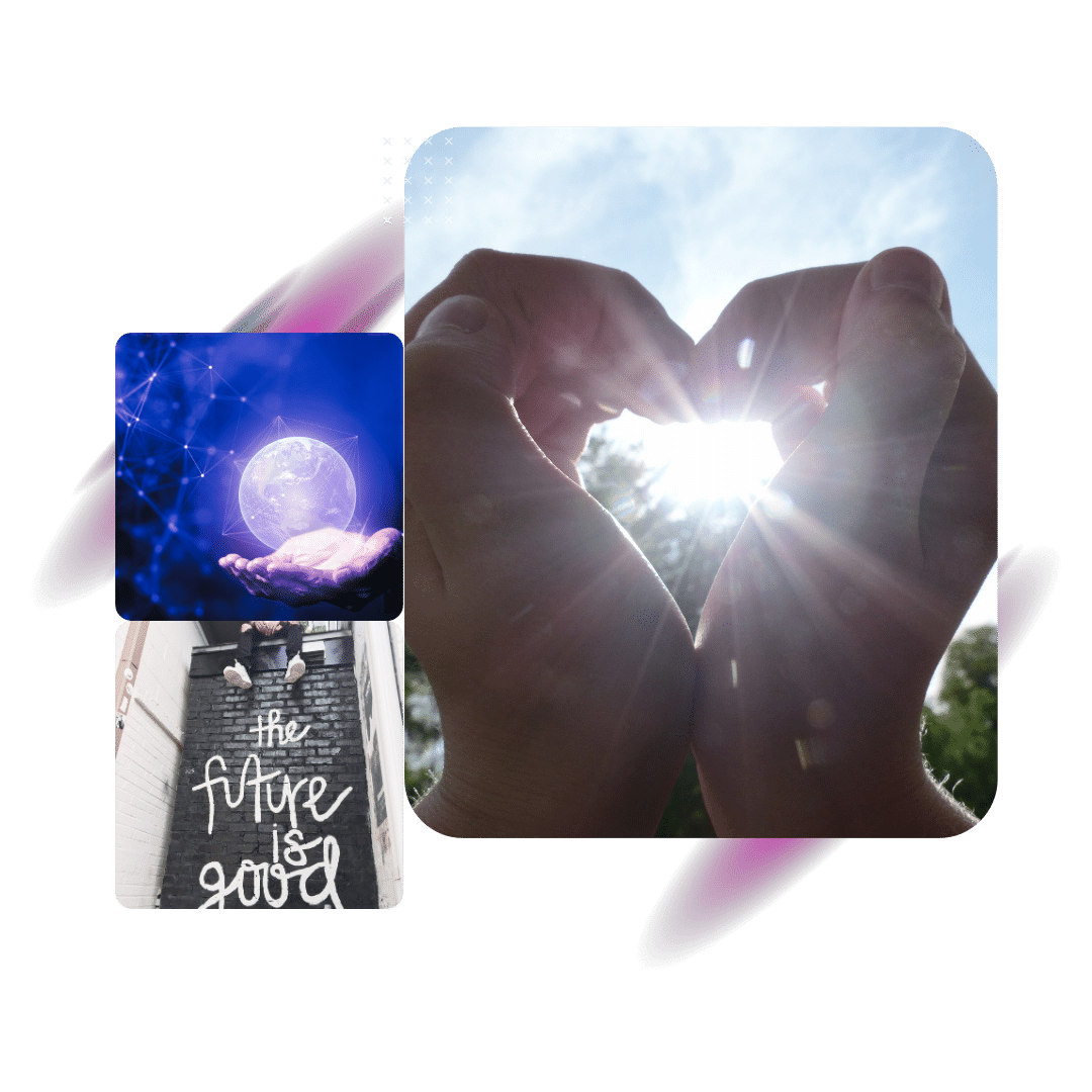 A collection of three photographs that identify the spirit of the White Raven brand. The sun peaking through the shape of a heart made by placing two hands together to form one. A holographic moon with vector lines around it levitating off the open palms of a designer against a purple background. Someone's legs dangling from atop a black brick wall with the words 