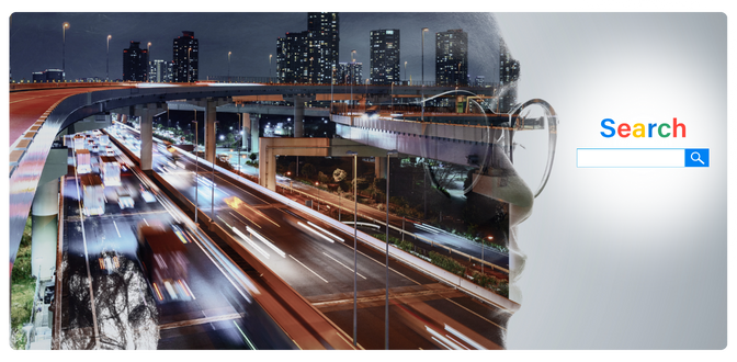 The side of a human face superimposed over a cityscape at night with traffic. The person has glasses and is facing a Google search bar to represent Search Engine Optimization (SEO).  