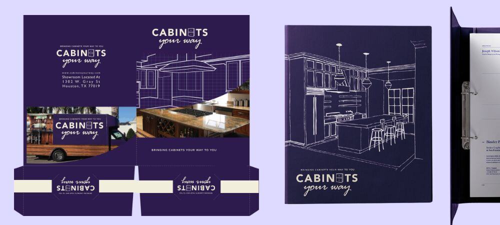 Small business hard back binder and soft folder design featuring a blueprint style kitchen on deep purple background