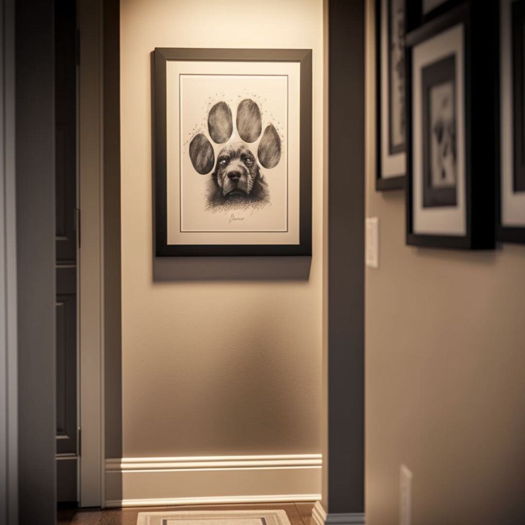 Interior design of animal shelter nonprofit facility hallway with framed heartwarming animal artworks focused on paw ink artwork with dog face in palm