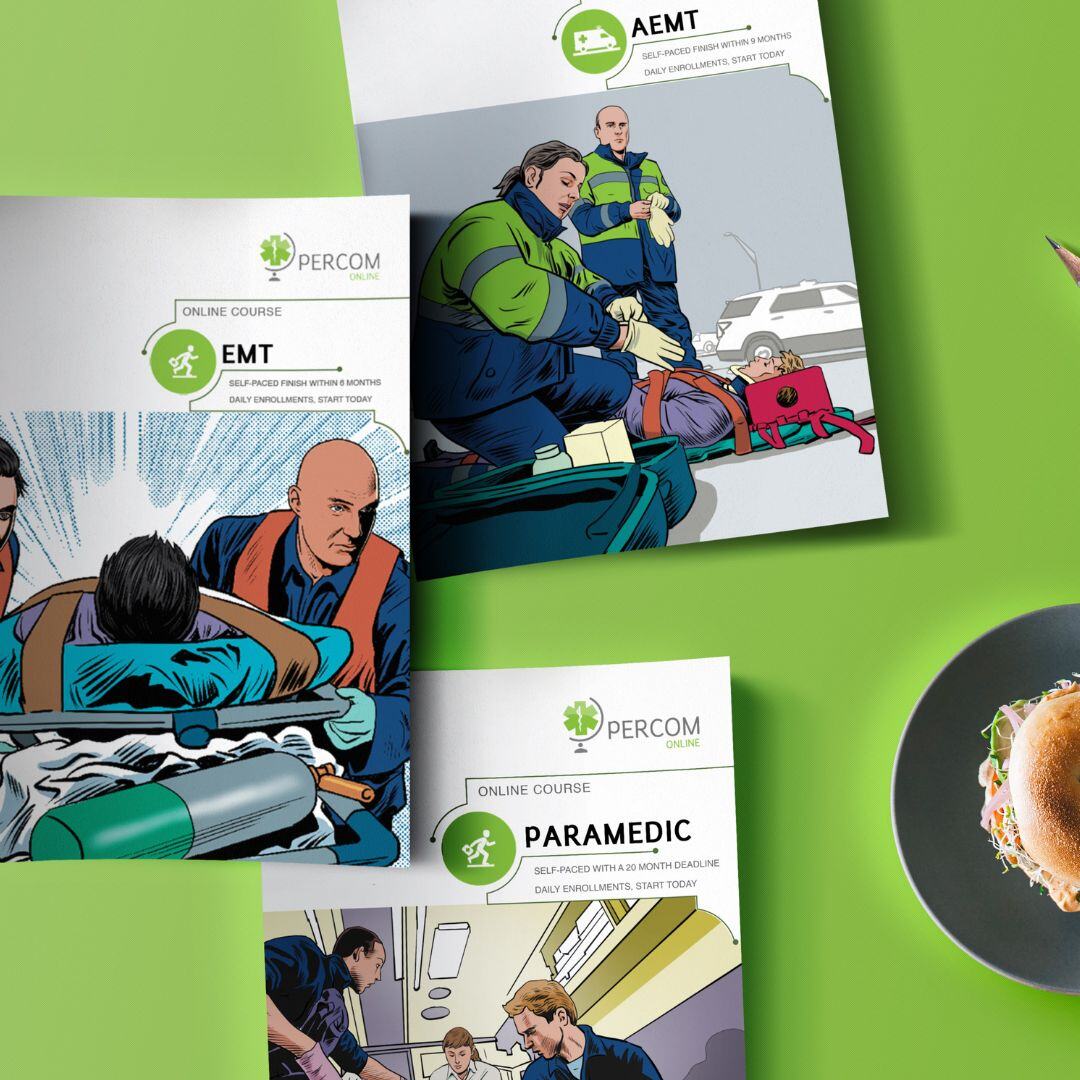 PERCOM Online paramedic class brochure designs with superhero art as the campaign imagery 