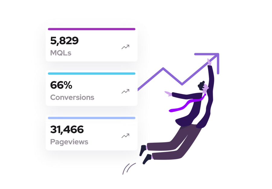 Three cards showing upward trends in marketing data points like MQLs, conversions, & website page views with a blue arrow pointing up as it would on a graph that tracks improvements in a HubSpot marketing system. A business professional holds onto the arrow & a HubSpot sprocket with White Ravens flying beside him. 