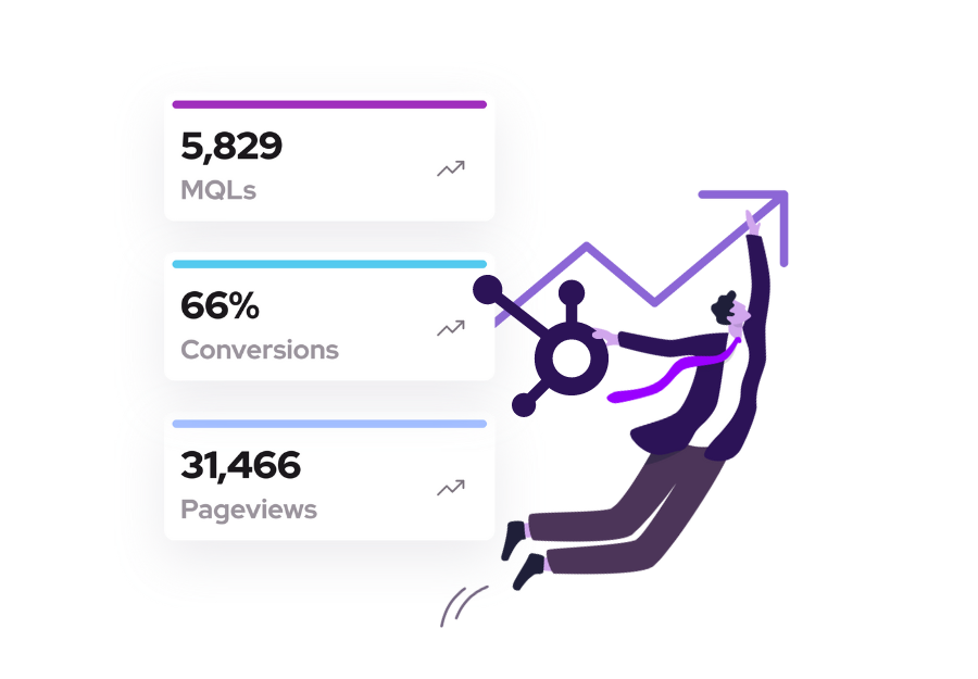 Three cards showing upward trends in marketing data points like MQLs, conversions, & website page views with a blue arrow pointing up as it would on a graph that tracks improvements in a HubSpot marketing system. A business professional holds onto the arrow & a HubSpot sprocket with White Ravens flying beside him. 