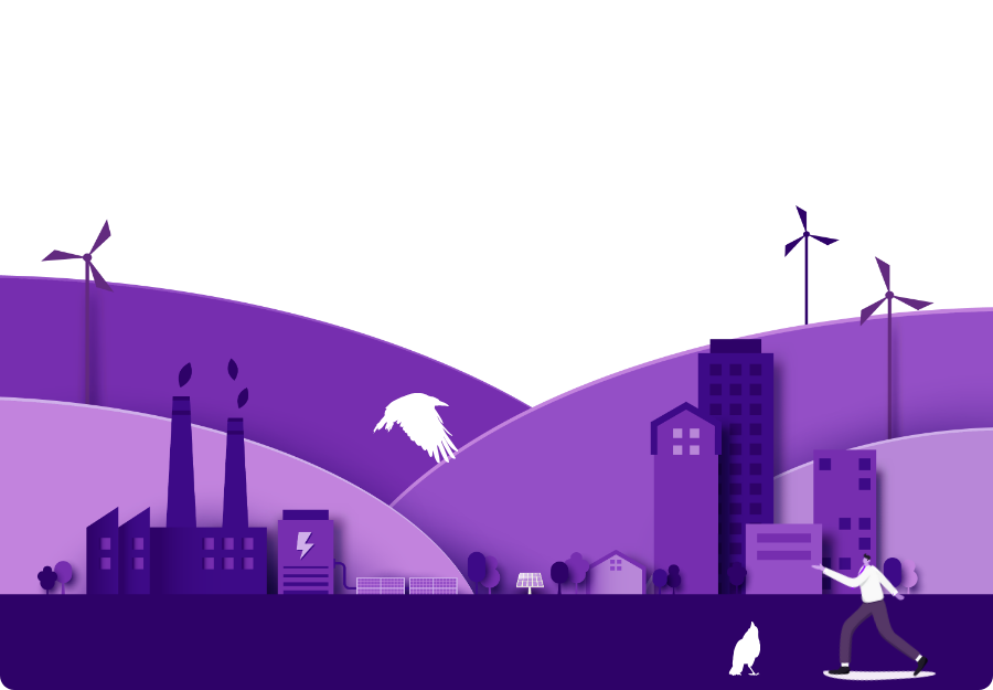 A graphic design created by White Raven Creatives using brand shades of purple. A person is standing with a white raven in the foreground of a small city with businesses, industries, trees, & windmills with rolling hills in the background & white clouds in the sky.