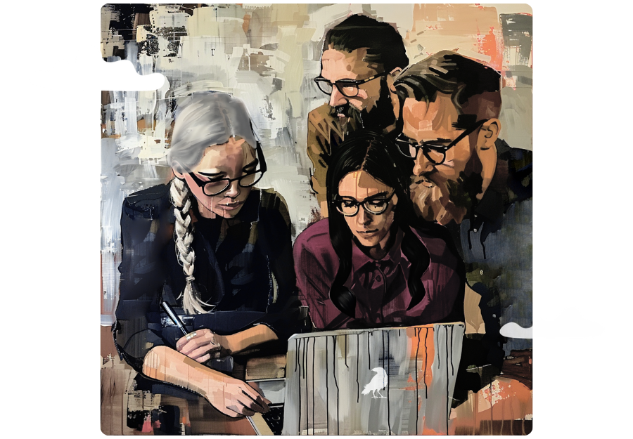 An oil painting of a diverse group of four people working together around a laptop - representing the four partners of White Raven Creatives. 