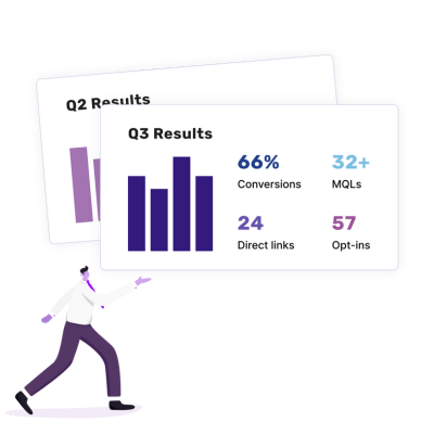 A graphic design created by White Raven of a small business owner holding up two cards showing quarter 2 and quarter 3 sales results using charts & real numbers to show conversions, direct links, MQLs, & Opt-ins for a website built on HubSpot.  